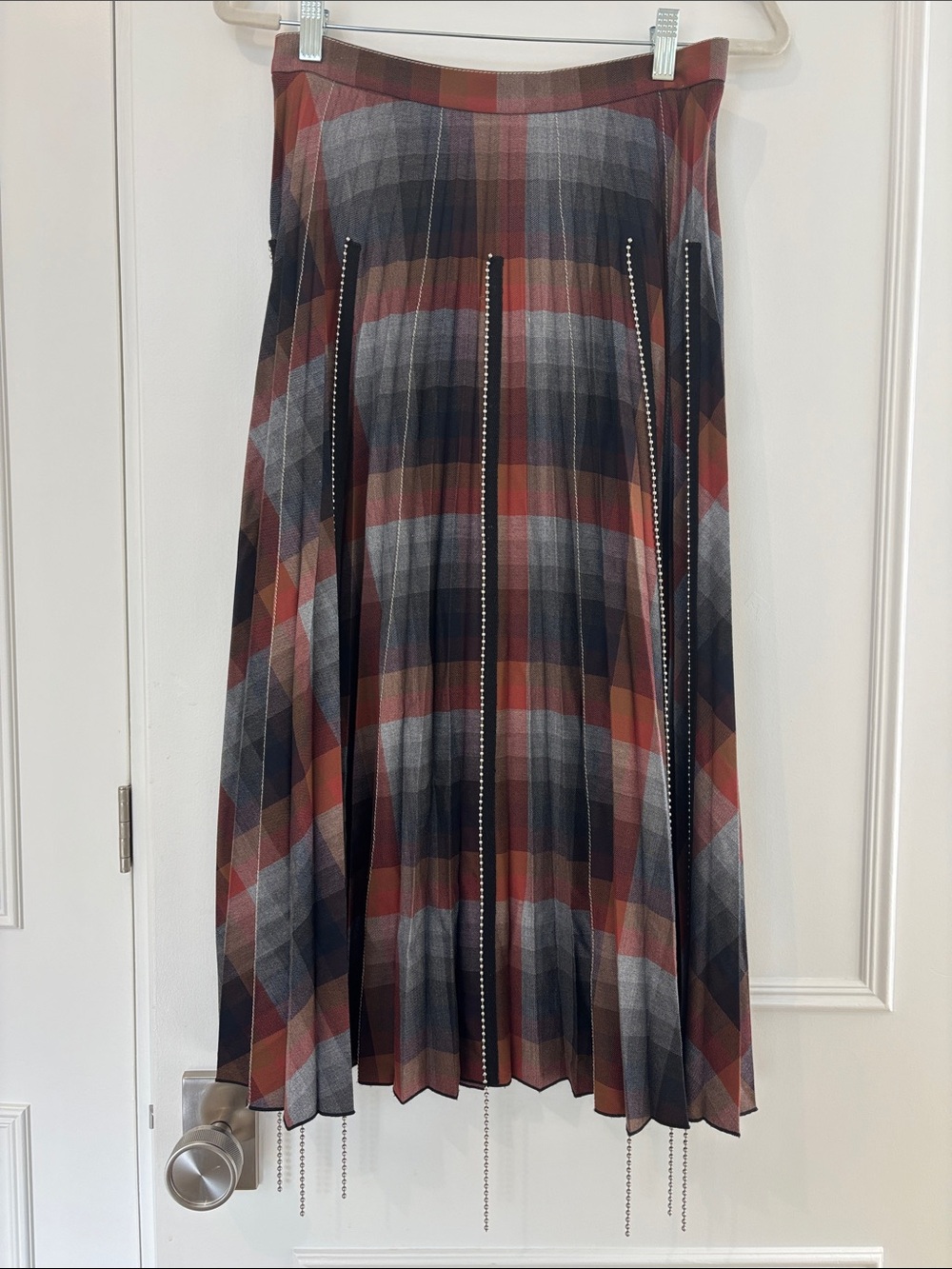 Plaid A-Line Midi Skirt with Chain Detail - Rust/Black/Gray